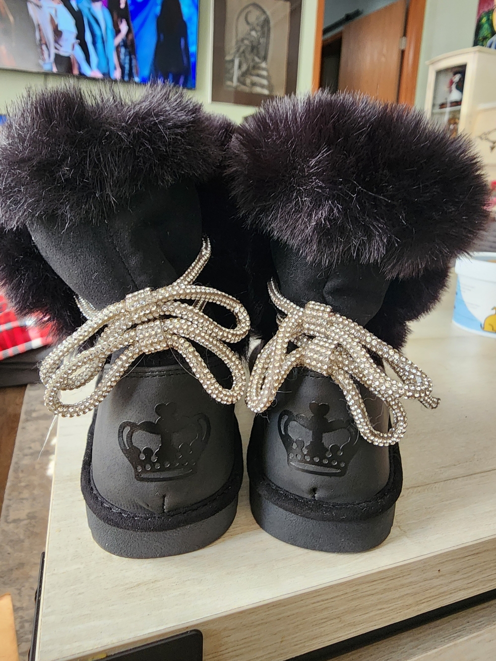 Juicy Couture Black Faux Fur Kids Boots with Rhinestone Laces